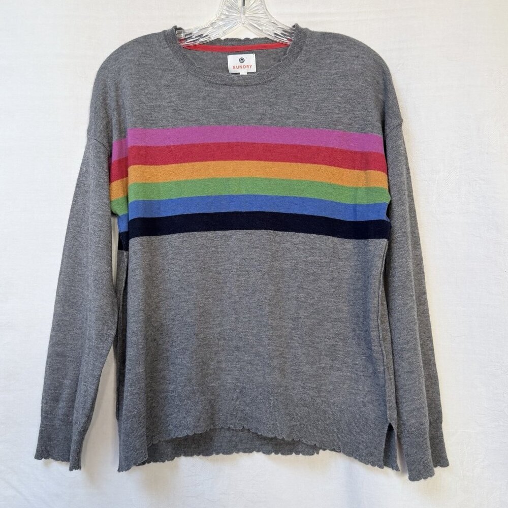 Sundry Sweater Womens 0 Wool Cashmere Rainbow Striped Jumper Pullover Gray
